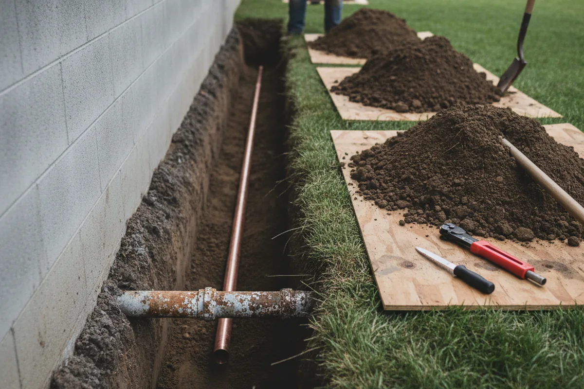 Excavated water line trench during Water Softener Installation in Sevierville
